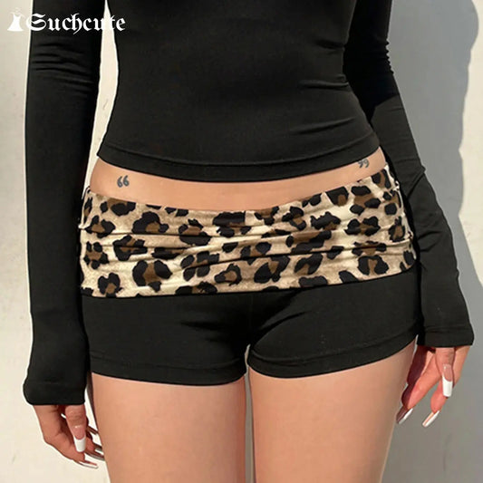 SUCHCUTE Leopard Print Patchwork Skinny Shorts Y2K Aesthetic 2000s Elastic Waist Bottoms Women Fashion Grunge Fairycore Clothes - DRACO COUTURE