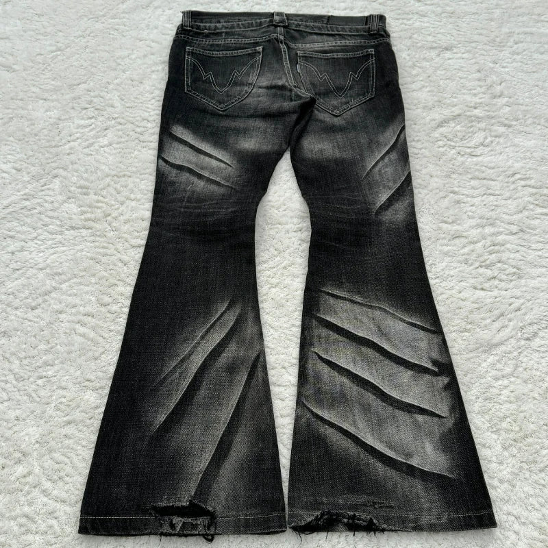 Y2K Schlagjeans mit Schnürung, Retro-Look, gewaschene Pfotenabdrücke, doppelter Bund, Slim Fit, Herrenjeans, Gothic-Stil, High Street Wear, Unisex-Bootcut-Jeans