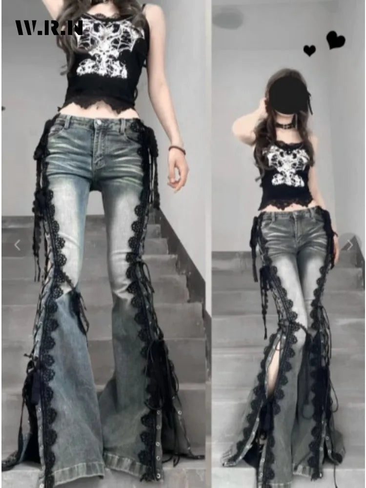 Y2K Lace Up Flare Jeans