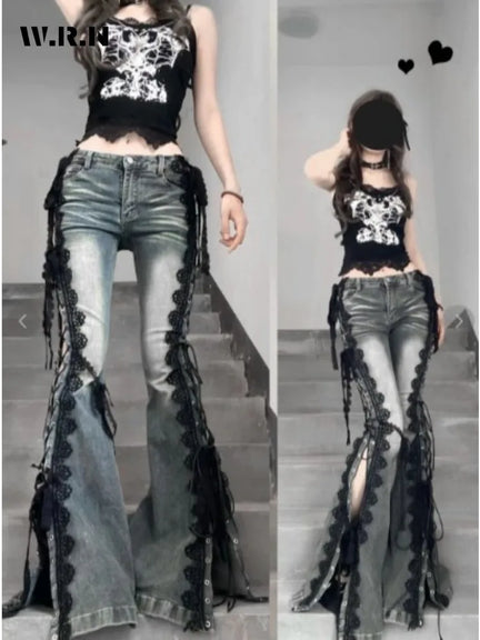 Y2K Lace Up Flare Jeans