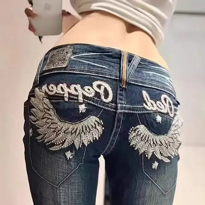 Y2K Embroidery Diamond Jeans Wings - DRACO COUTURE