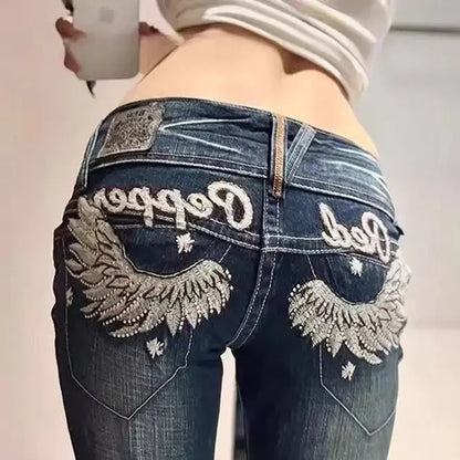 Y2K Embroidery Diamond Jeans Wings - DRACO COUTURE