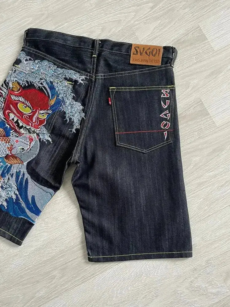 Streetwear Japanese Denim Shorts Y2K Jeans Mens Womens Harajuku Hip Hop Cartoon Baggy Shorts High Waist Casual Shorts - DRACO COUTURE