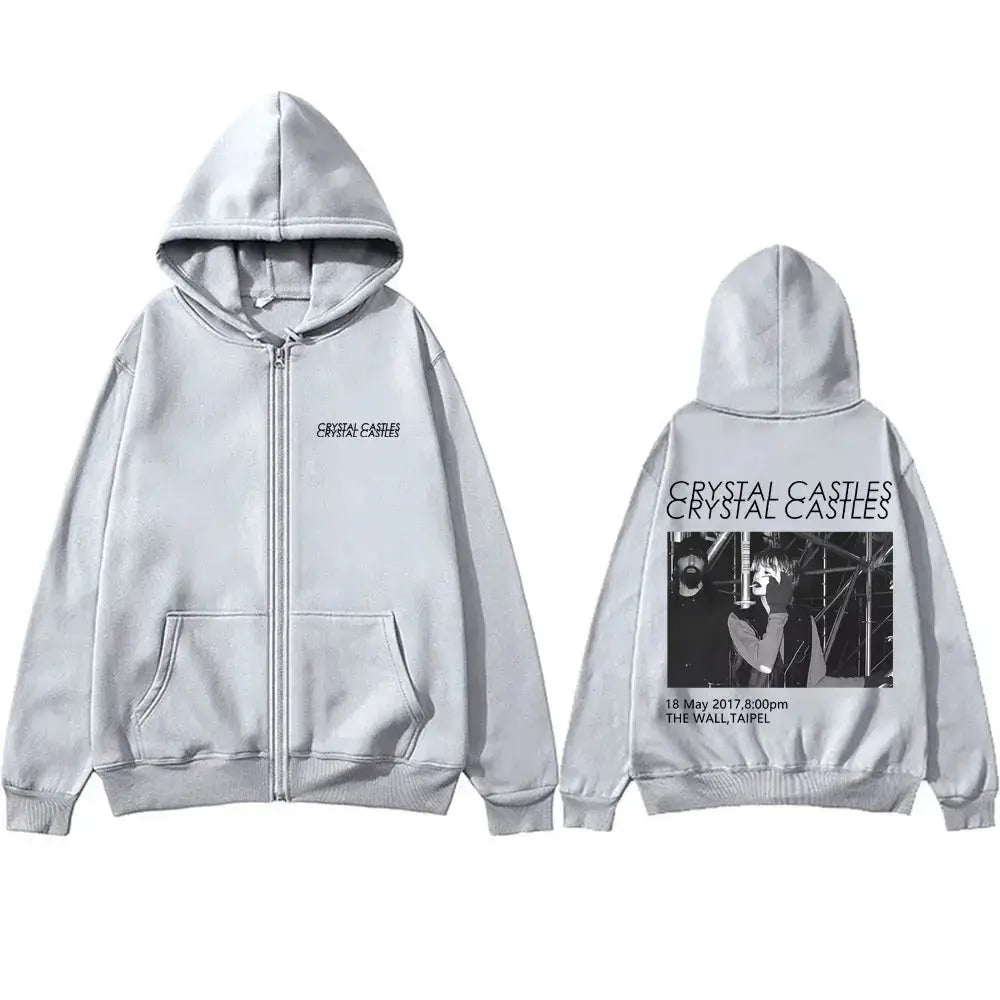 Crystal Castles Band Zipper Hoodie Men Women Vintage Gothic Rock Zip Up Jacket Men's Fashion Casual Oversized Zip Up Sweatshirt - DRACO COUTURE