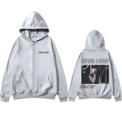 Crystal Castles Band Zipper Hoodie Men Women Vintage Gothic Rock Zip Up Jacket Men's Fashion Casual Oversized Zip Up Sweatshirt - DRACO COUTURE