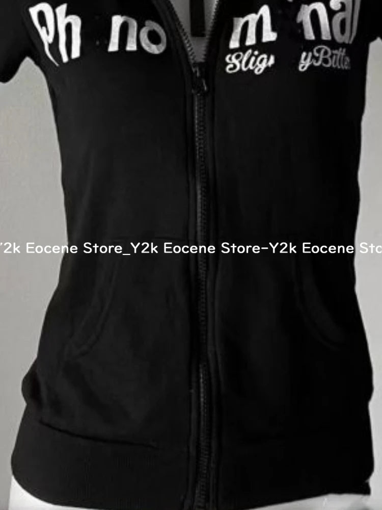 Y2K Subculture Skull Print Zip Cardigan Short Sleeve Women Japan Slim Fit Striped Hoodie Casual Tops Fashion Streetwear Clothes DRACO COUTURE