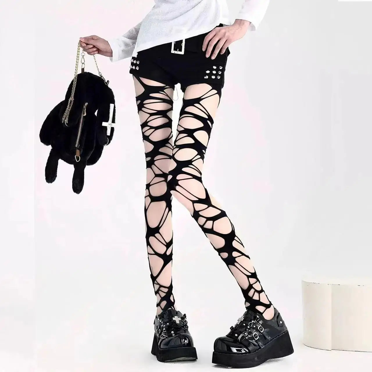 A pair of homemade gothic punk style stockings hot girl subculture Y2K black hole stockings bottoming pantyhose - DRACO COUTURE
