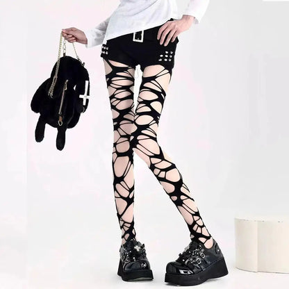 A pair of homemade gothic punk style stockings hot girl subculture Y2K black hole stockings bottoming pantyhose - DRACO COUTURE