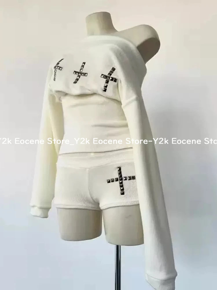 Goth Aesthetic Long Sleeve Two Piece Set Women Off Shoulder Top + Sexy Slim Shorts Y2K Cross Harajuku E-Girls Streetwear Outfit DRACO COUTURE