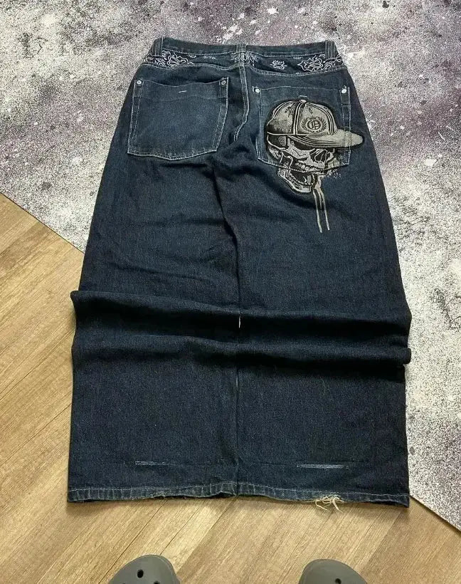 Gothic punk American retro punk skull pocket embroidered jeans men's wash blue old loose straight wide-leg fashionable jeans - DRACO COUTURE