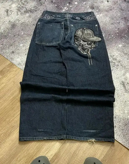 Gothic punk American retro punk skull pocket embroidered jeans men's wash blue old loose straight wide-leg fashionable jeans - DRACO COUTURE