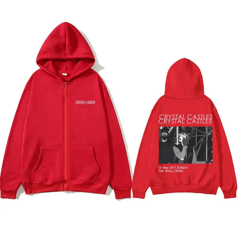 Crystal Castles Band Zipper Hoodie Men Women Vintage Gothic Rock Zip Up Jacket Men's Fashion Casual Oversized Zip Up Sweatshirt - DRACO COUTURE