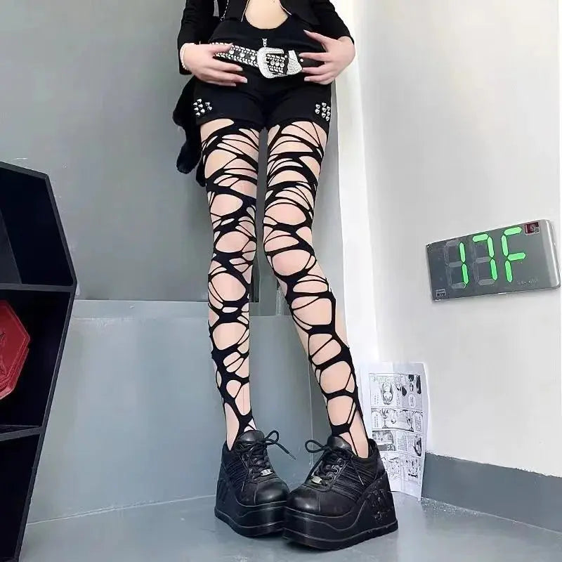 A pair of homemade gothic punk style stockings hot girl subculture Y2K black hole stockings bottoming pantyhose - DRACO COUTURE