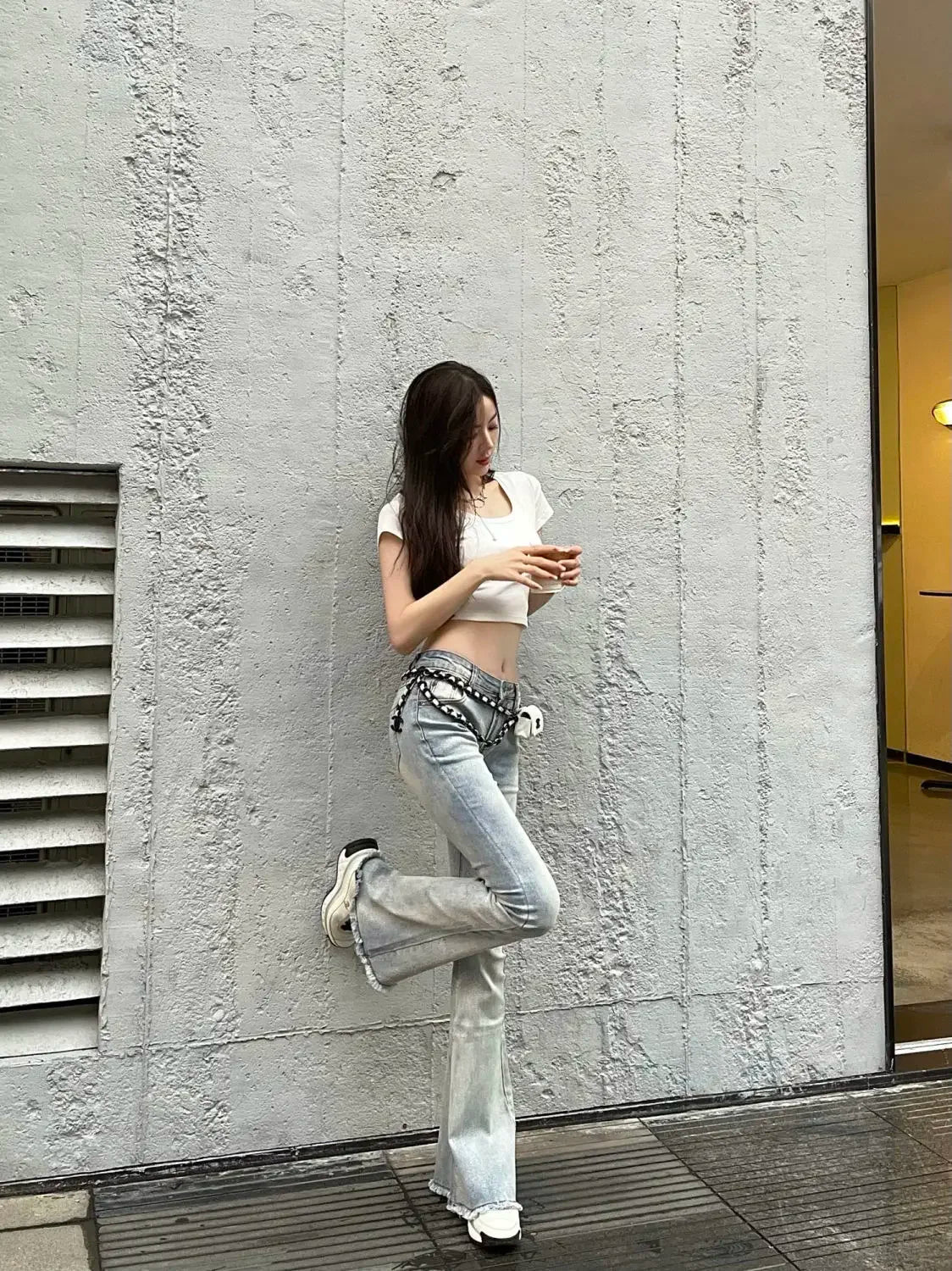 Schlaghose mit niedrigem Bund, blau, Skinny-Jeans für Damen, ausgestellt, Slim Fit, Baggy, stylische Sommerhose A