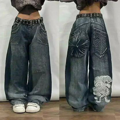 American Street Trend Letter Embroidered Loose Jeans Men Harajuku Y2K New Hip Hop Oversized Wide-leg Pants Unisex Mopping Jeans DRACO COUTURE