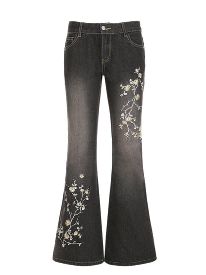 Weekeep Floral Embroidery Jeans Vintage 2000s