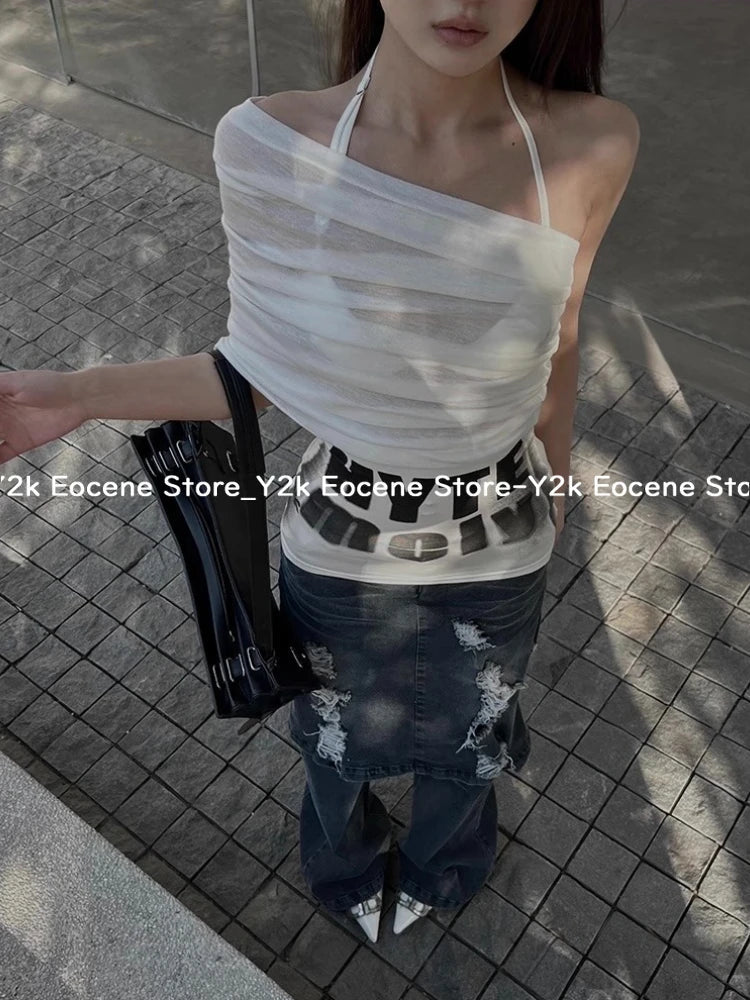 Y2k Streetwear Two Pieces Set Women Irregular Hollow Out Letter Mini Dress + Aesthetic Sexy Halter Bandage Vest Harajuku Outfits DRACO COUTURE