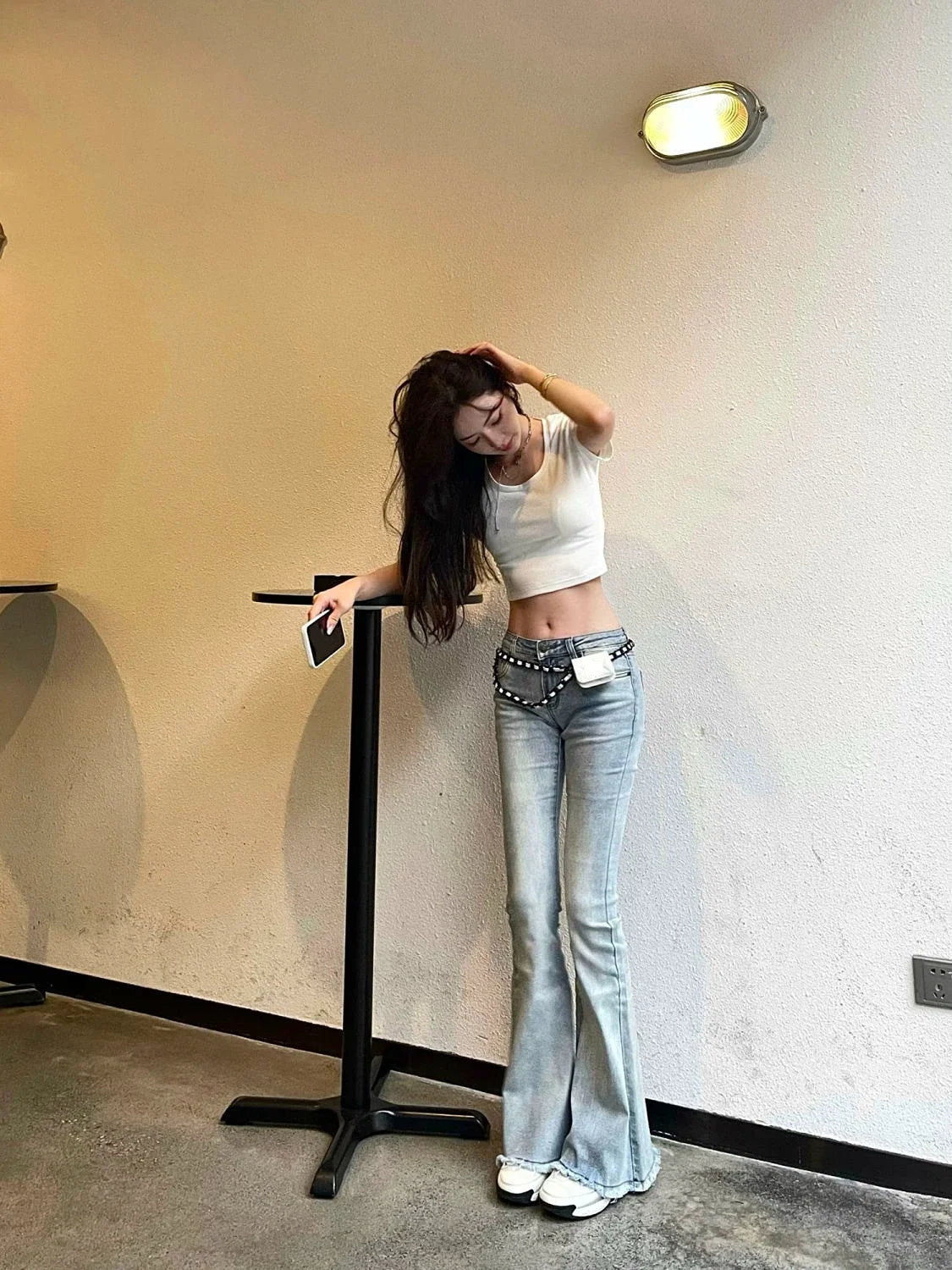 Schlaghose mit niedrigem Bund, blau, Skinny-Jeans für Damen, ausgestellt, Slim Fit, Baggy, stylische Sommerhose A