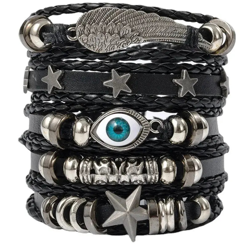 4/5/6pcs Evil Eye Wing Star Skull Diy Braided Punk Style Bracelet Set, Featuring Pu Leather And Beads Bracelet - DRACO COUTURE