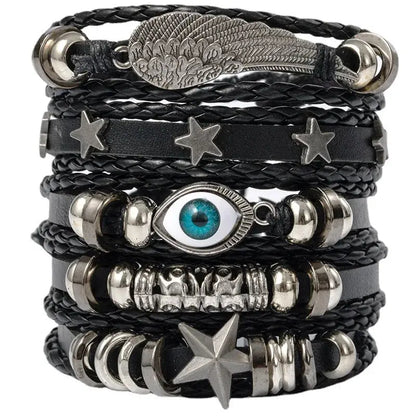 4/5/6pcs Evil Eye Wing Star Skull Diy Braided Punk Style Bracelet Set, Featuring Pu Leather And Beads Bracelet - DRACO COUTURE