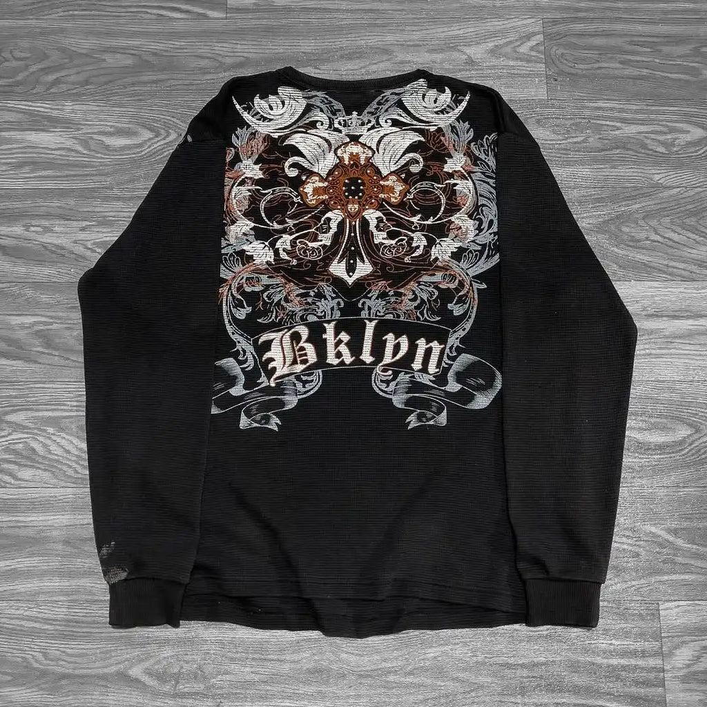 Y2K-Affliction Langarm-T-Shirt, weiß, Rundhalsausschnitt, Oversized-Schnitt, neu, Herren/Damen, Freizeit, Gothic, Baumwolle, Streetwear