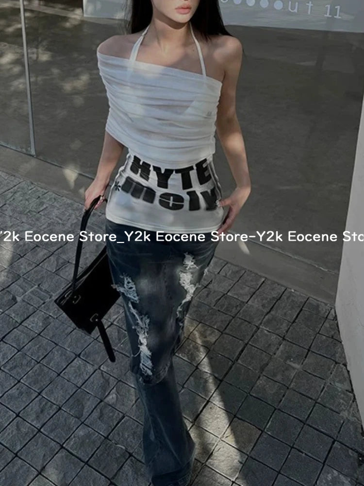 Y2k Streetwear Two Pieces Set Women Irregular Hollow Out Letter Mini Dress + Aesthetic Sexy Halter Bandage Vest Harajuku Outfits DRACO COUTURE