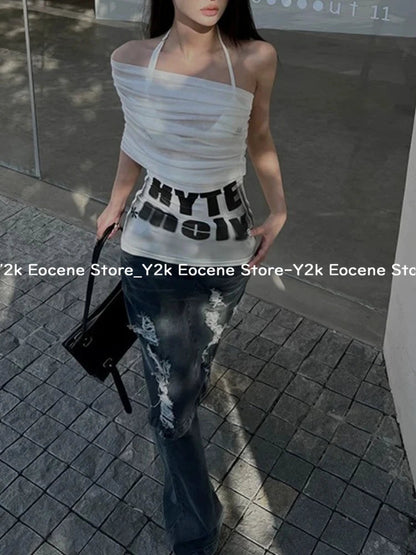 Y2k Streetwear Two Pieces Set Women Irregular Hollow Out Letter Mini Dress + Aesthetic Sexy Halter Bandage Vest Harajuku Outfits DRACO COUTURE
