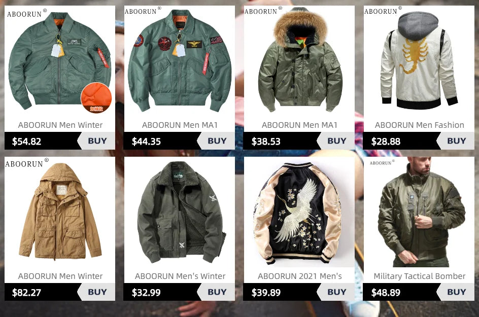 ABOORUN Men's MA1 Bomber Jackets Army Cotton Padded Coats