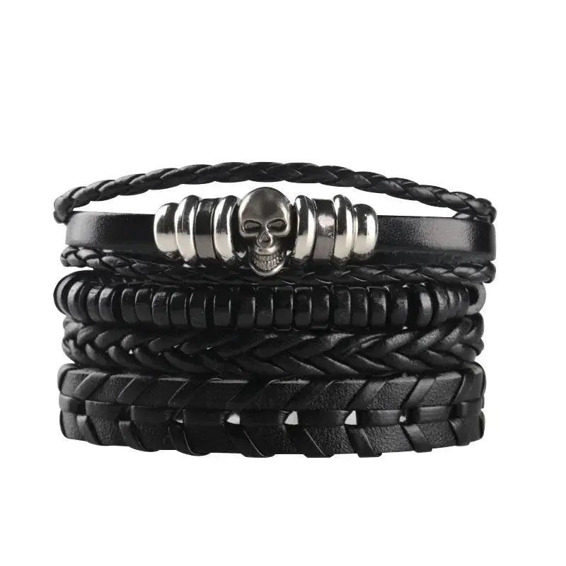 4/5/6pcs Evil Eye Wing Star Skull Diy Braided Punk Style Bracelet Set, Featuring Pu Leather And Beads Bracelet - DRACO COUTURE