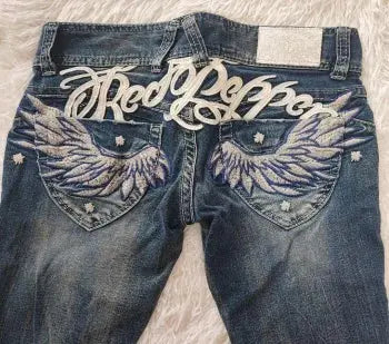Fashion Gothic Design American Pocket Letters Wings Embroidered Jeans Women's Y2k Style Retro Wash Loose High Waist Leggings - DRACO COUTURE