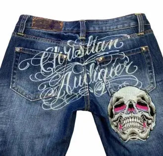 Gothic punk American retro punk skull pocket embroidered jeans men's wash blue old loose straight wide-leg fashionable jeans - DRACO COUTURE