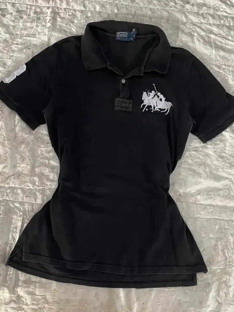 Trendy polo shirt women lapel T-shirts women's short sleeved 2025 new summer goth pure cotton vintage casual slim fit T-shirt - DRACO COUTURE