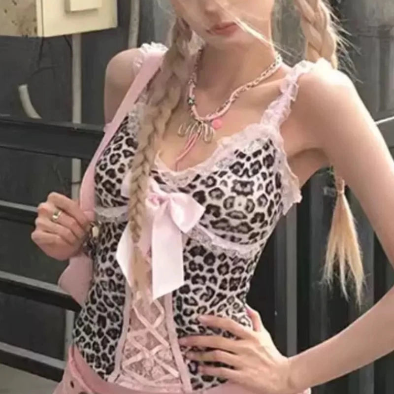Aesthetic Pink Lace Skirt Suit Women 2025 Summer New Sexy Hot Girl Leopard Print Camisole Top High Waisted Skirt Two Piece Set DRACO COUTURE