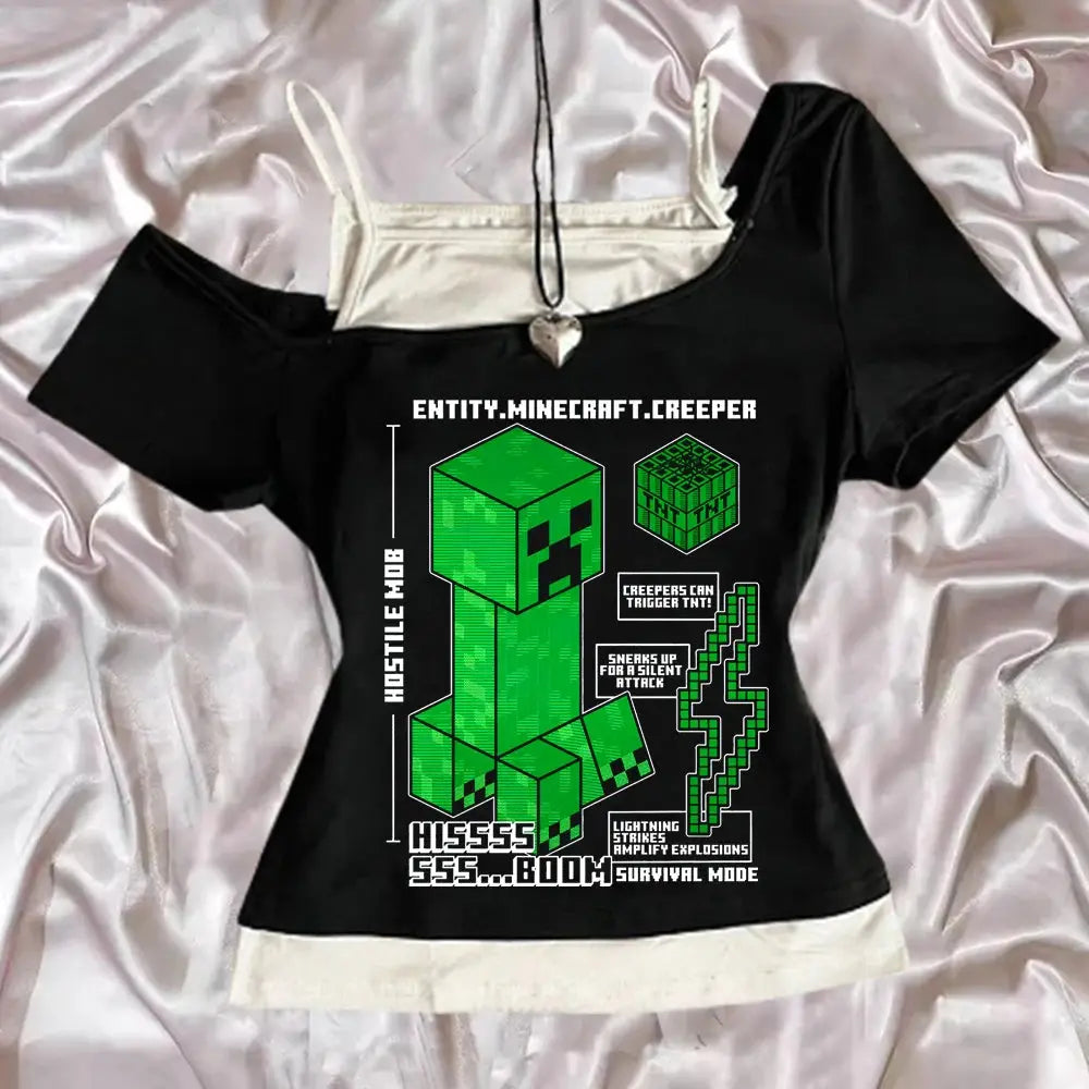 Punk Gothic Sexy Streetwear Slim Baby Tee 2000s Tops Y2k Fake two off shoulder T-shirts Harajuku Aesthetic Short Sleeve Clothing - DRACO COUTURE