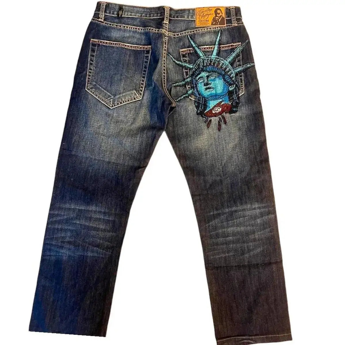 Y2k 2000s Statue of liberty Diamonds Jeans Casual Denim Pants High Waist Straight Wide Leg Jeans Harajuku Vintage Women Clothing - DRACO COUTURE