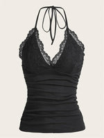 Lace V-neck Halter Top Women Summer Sexy Grunge Punk Goth Backless Ruched Crop Top Cami Top Streetwear Y2K Clothes 2024 DRACO COUTURE