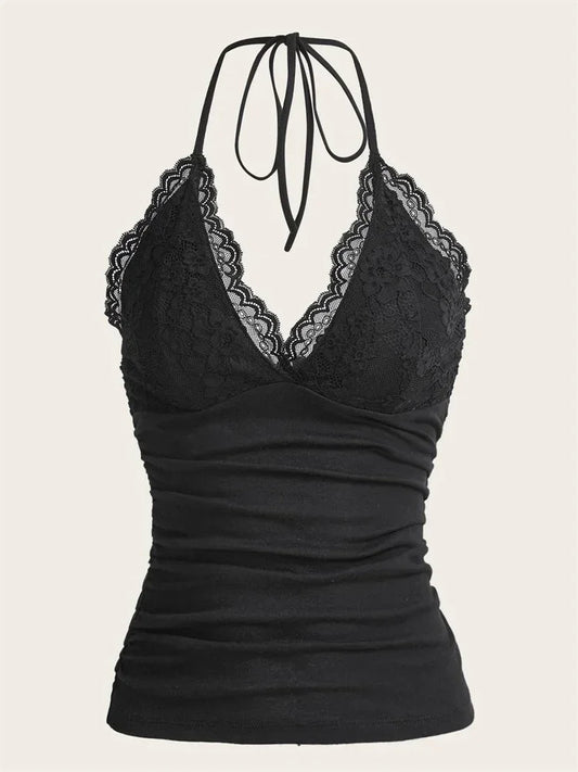 Lace V-neck Halter Top Women Summer Sexy Grunge Punk Goth Backless Ruched Crop Top Cami Top Streetwear Y2K Clothes 2024 DRACO COUTURE