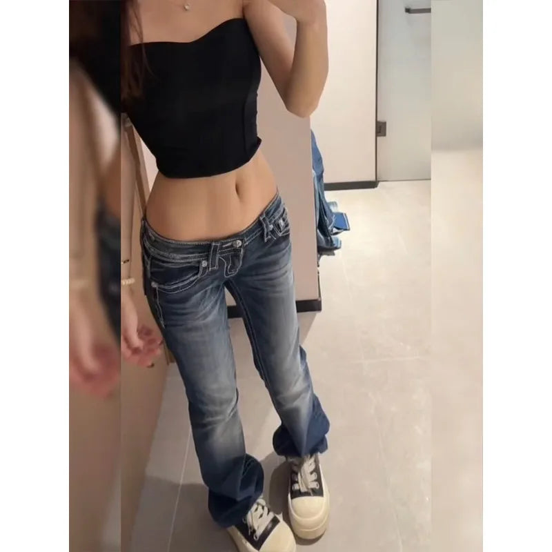 Damen Y2K Gothic Stickerei Hot Diamonds Denimhose Harajuku Retro Hip Hop Low Waist Jeans Fashion Hot Girl Straight Jeans