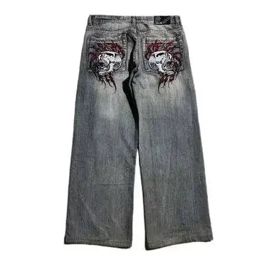 Gothic punk American retro punk skull pocket embroidered jeans men's wash blue old loose straight wide-leg fashionable jeans - DRACO COUTURE
