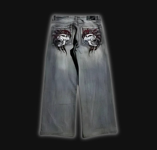 Gothic punk American retro punk skull pocket embroidered jeans men's wash blue old loose straight wide-leg fashionable jeans - DRACO COUTURE