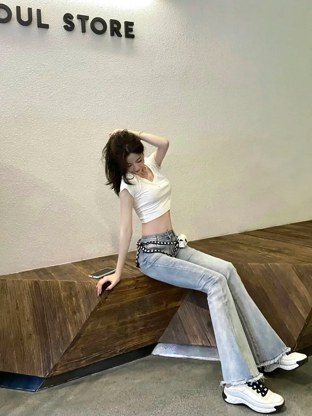 Schlaghose mit niedrigem Bund, blau, Skinny-Jeans für Damen, ausgestellt, Slim Fit, Baggy, stylische Sommerhose A