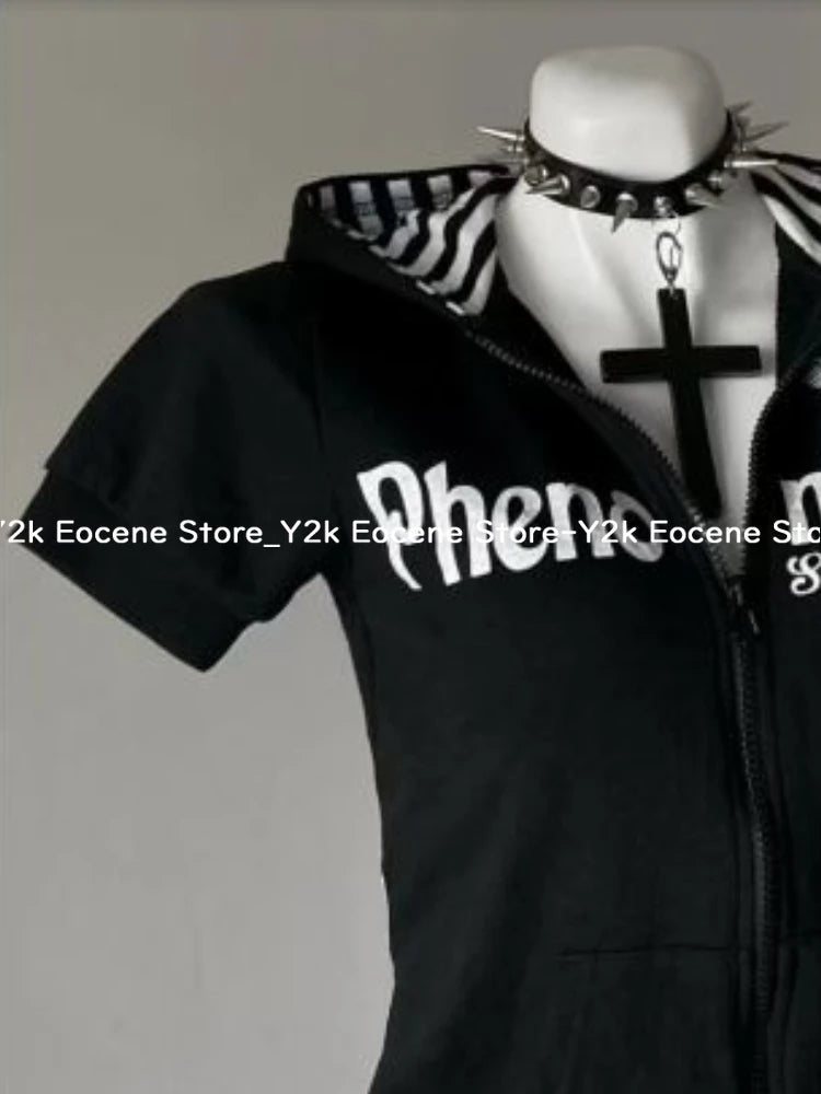 Y2K Subculture Skull Print Zip Cardigan Short Sleeve Women Japan Slim Fit Striped Hoodie Casual Tops Fashion Streetwear Clothes DRACO COUTURE