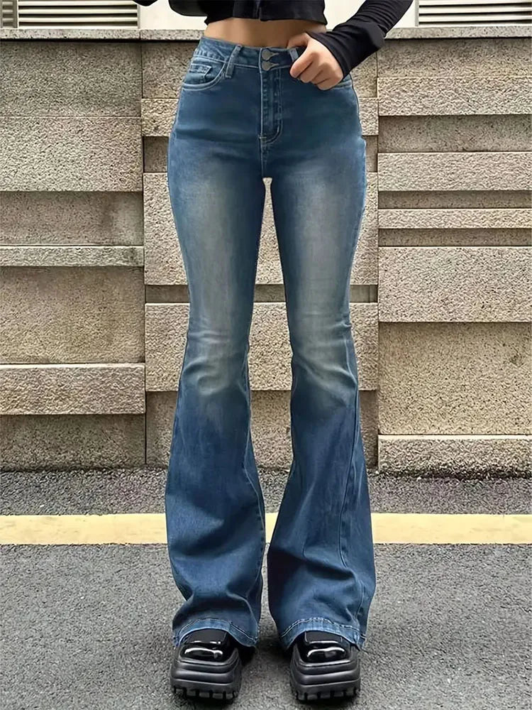 Damen Schlagjeans, Stretch, Mustache-Jeans, modische Skinny-Jeans mit hohem Bund, graue Denim-Hose, klassische Y2K-Punk-Langhose