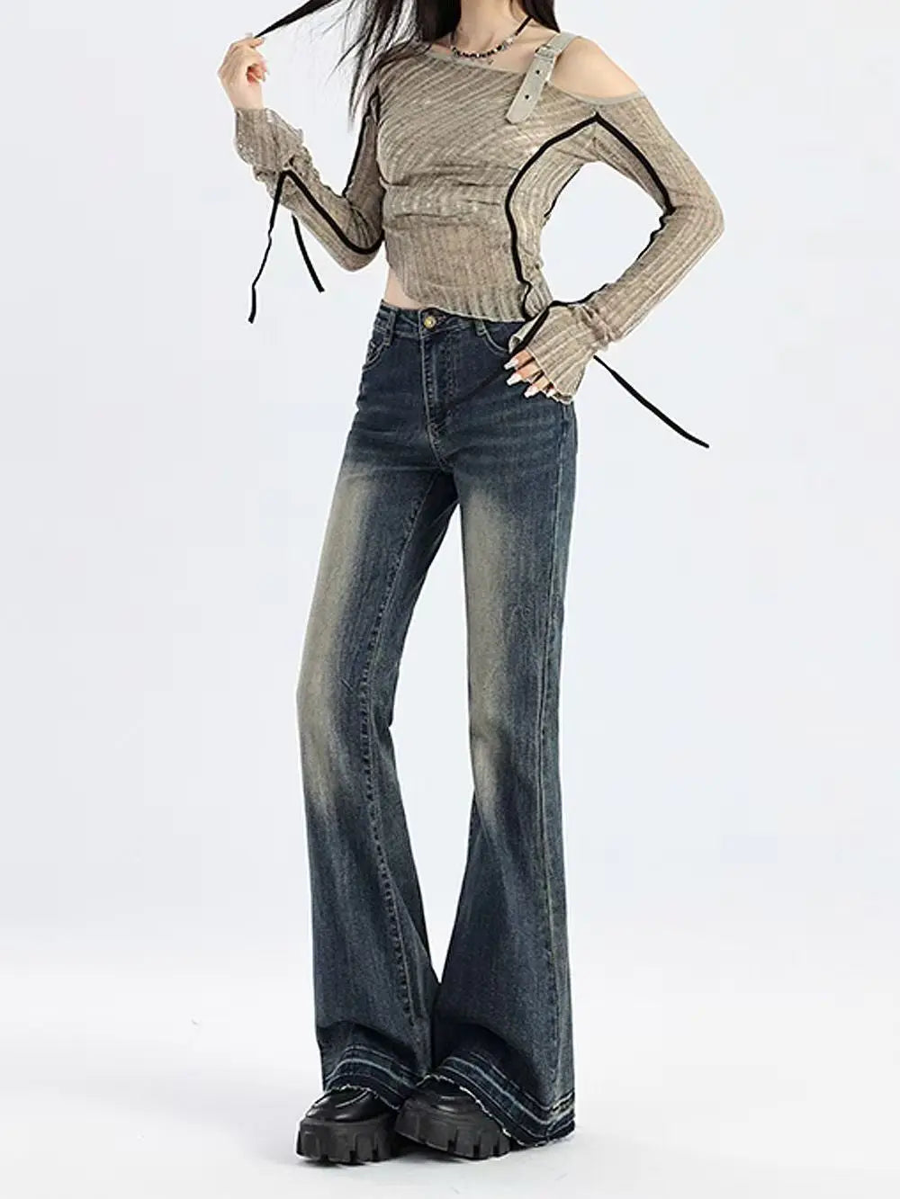 American High Street Spicy Girls Low Waist Jeans Damen Herbst Vintage Y2k Design Sense Slim Fit Straight Tube Micro Flare Pants