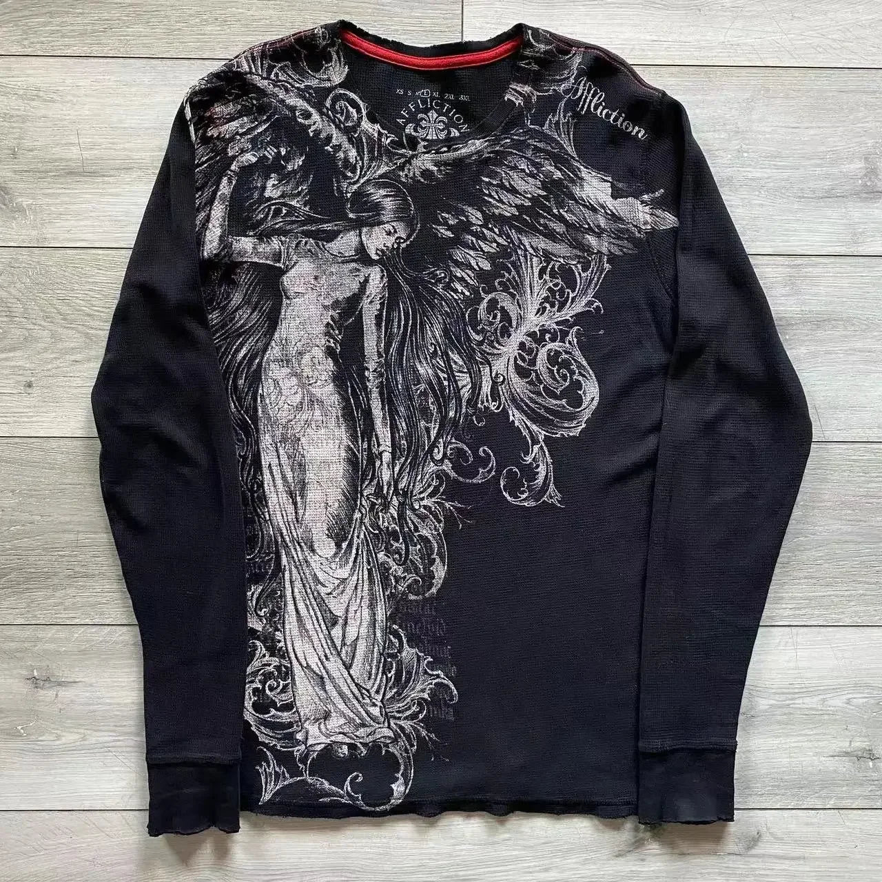 Y2K-Affliction Langarm-T-Shirt, weiß, Rundhalsausschnitt, Oversized-Schnitt, neu, Herren/Damen, Freizeit, Gothic, Baumwolle, Streetwear