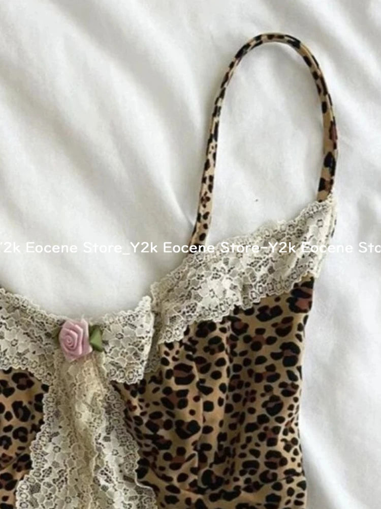 90s Y2k Leopard Print Lace Trim Cami Top Women Sexy V-neck Floral Lace Bralette Sleeveless Chic Summer Casual Sexy Fashion Tops DRACO COUTURE
