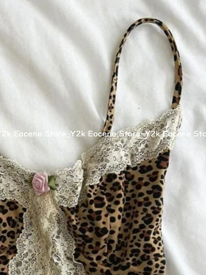 90s Y2k Leopard Print Lace Trim Cami Top Women Sexy V-neck Floral Lace Bralette Sleeveless Chic Summer Casual Sexy Fashion Tops DRACO COUTURE