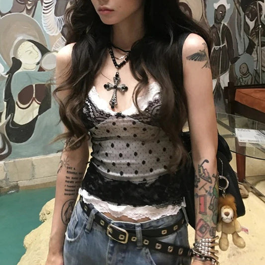 2000s Japanese Fashion Camisole Tank Women Summer Dot Print Lace Casual Outfits Sexy Strap Tops Patchwork Y2k Design T-shirts DRACO COUTURE