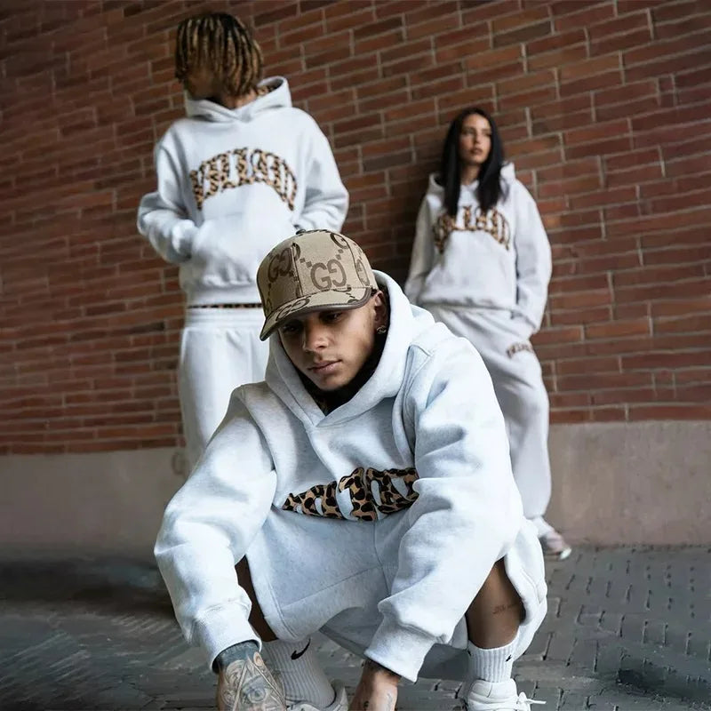 3-teiliges Sportbekleidungsset Y2K für Damen und Herren im Retro-Stil mit Leopardenmuster und Patchwork-Design, amerikanische Streetwear, Unisex, lässig-kastenförmig, Paar-Bekleidung