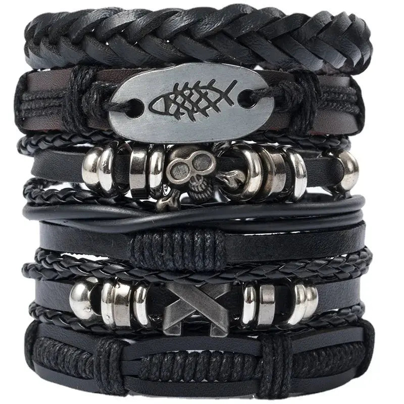 4/5/6pcs Evil Eye Wing Star Skull Diy Braided Punk Style Bracelet Set, Featuring Pu Leather And Beads Bracelet - DRACO COUTURE